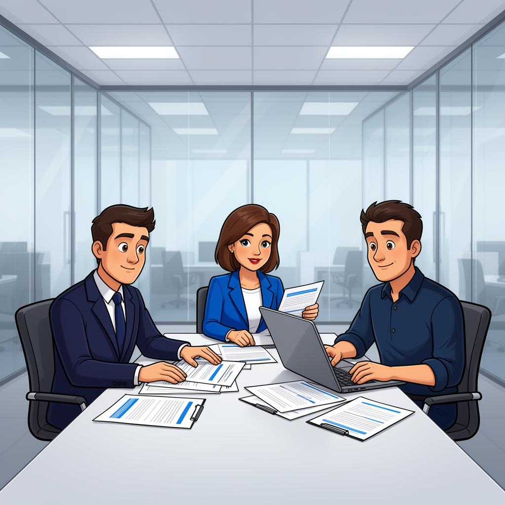 Cartoon of diverse IT team discussing findings around monitors