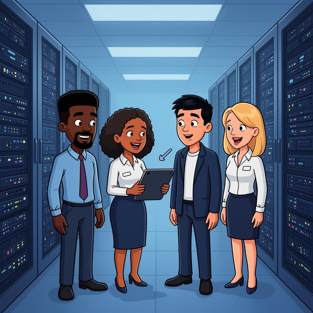 Diverse IT team discussing in server room
